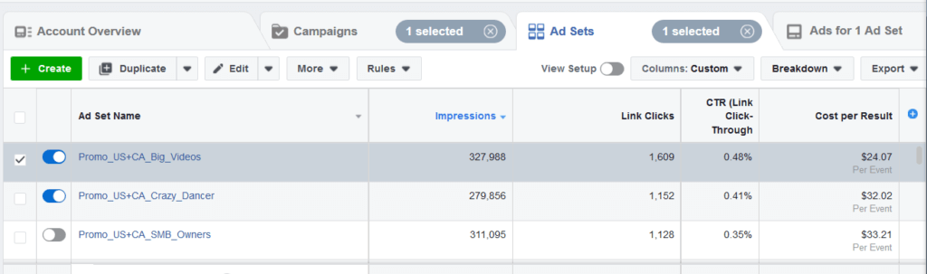 Facebook Ad Business Dashboard Screen